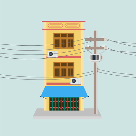 Shophouse or store buildings with Power pole vector illustration. Urban scene with the footpath. Thai old home styleのイラスト素材