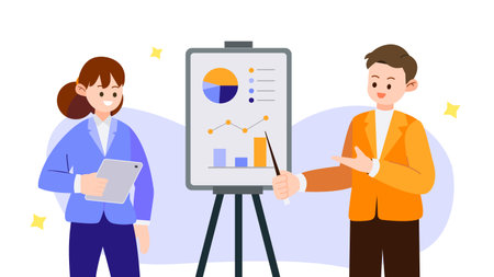 Businessman presenting chart marketing and businesswoman holding tablet. Managers report financial results with elements. Vector illustration.Cartoon business teamwork conceptのイラスト素材