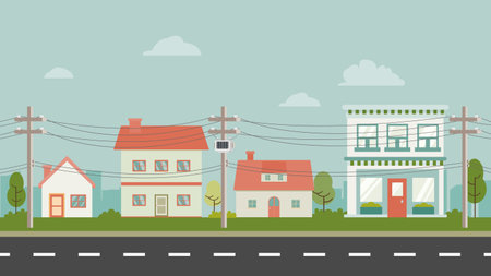 City street and store buildings with Power pole vector illustration. Urban and town landscape. Cute House in country with nature landscapeのイラスト素材