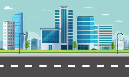 Cityscape scene with street.Modern building with sky background.Smart city with parkのイラスト素材