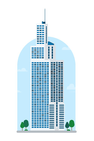 High building with sky background vector illustration. Modern tower in city.Tower with street road flat design.Business building with urban sceneのイラスト素材