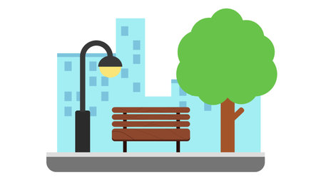Public Park cartoon flat style.Vector illustration.Park with city backgroundのイラスト素材