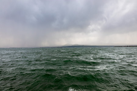 Lake Sevan in cloudy weatherの写真素材