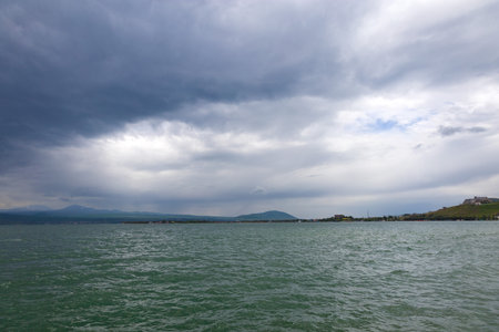 Lake Sevan in cloudy weatherの写真素材