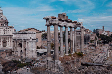 View of the ancient Roman Forum from the Capitoline Hill, Italyの写真素材