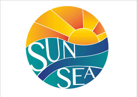 Abstract template with sun logo and sea waves and with text: Sun and Sea. Concept design mock-up logo for travel business. Travel agency vector logoのイラスト素材