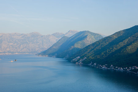 Panoramic seascape of Kotor bay on sunny day. Adriatic fjords. Beautiful Mediterranean seascape,...