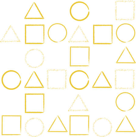Graphic shapes - circle, square and triangle on white background. Abstract golden elements. Geometric gold seamless pattern for design printsのイラスト素材