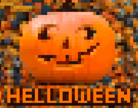 Helloween background, pixel funny pumpkin. Greeting card for party and sale. Autumn holidays. Happy Halloween. Heloween vector drawing for presentation, magazines, fliers, banner, posters and cardsのイラスト素材