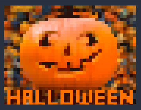 Halloween background, pixel funny pumpkin. Greeting card for party and sale. Autumn holidays. Happy Halloween. Haloween vector drawing for presentation, magazines, fliers, banner, posters and cardsのイラスト素材