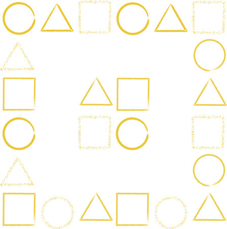 Gold set graphic shapes - circle, square and triangle on white background. Geometric golden seamless pattern. Vector illustration for wallpaper, greeting card, wrapping paper, textile, coverのイラスト素材