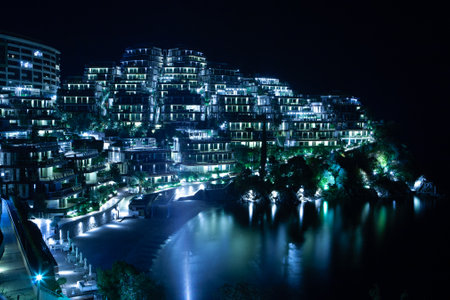 Night view to the Dukley of the Budva for publication, poster, calendar, post, screensaver, wallpaper, postcard, postcard, banner, cover, website. Night background of the city for designの写真素材