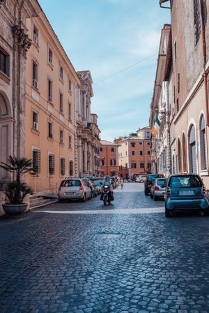 Roman cityscape, Italy. A place for your design or text. View of street Rome for poster, calendar, post, screensaver, wallpaper, postcard, banner, cover, website. High quality photoのeditorial素材
