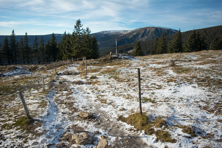 On the Trip to Snezka, in Czech Republic, National Park Krkonose, view to Studnicni topの写真素材