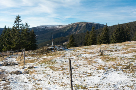 On the Trip to Snezka, in Czech Republic, National Park Krkonose, view to Studnicni topの写真素材