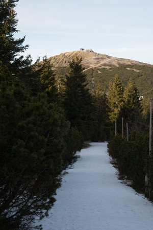On the Trip to Snezka, in Czech Republic, National Park Krkonose, Snezka top with blue skyの写真素材