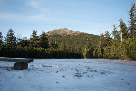 On the Trip to Snezka, in Czech Republic, National Park Krkonose, Snezka top with blue skyの写真素材
