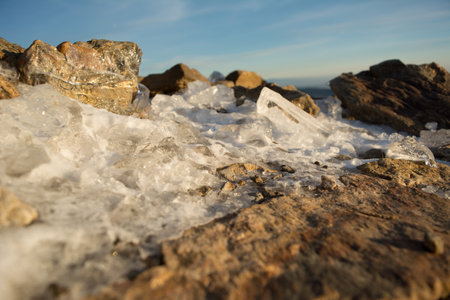 On the Trip to Snezka, in Czech Republic, National Park Krkonose, detail, ice and blue sky on the roadの写真素材