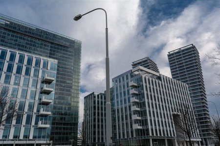 Glazed buildings in the part of Prague city, PankrÃ¡c, V-Tower, or near by V-Towerの写真素材