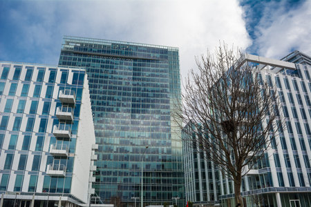 Glazed buildings in the part of Prague city, PankrÃ¡c, V-Tower, or near by V-Towerの写真素材