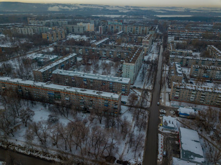 Novokuznetsk city district in winter from a bird's-eye view.の写真素材