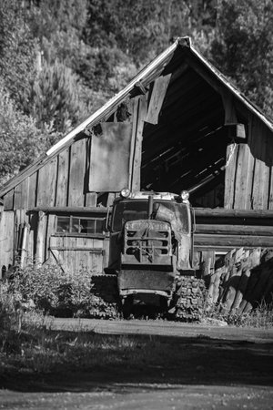 Old truck on the side of the road. black and white photo.の写真素材