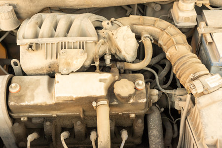 Closeup of a car engine in a car repair service station.の写真素材