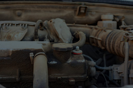 A closeup shot of the engine under the hood of a car