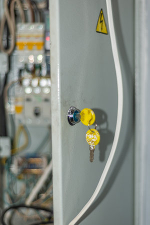 Electrical panel with electrical wires and switches. selective focus.の写真素材