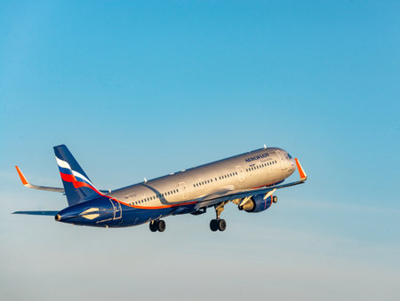 Novokuznetsk, Kemerovo region, Russia. March 19, 2023. Aeroflot passenger jet takes off at the airportのeditorial素材