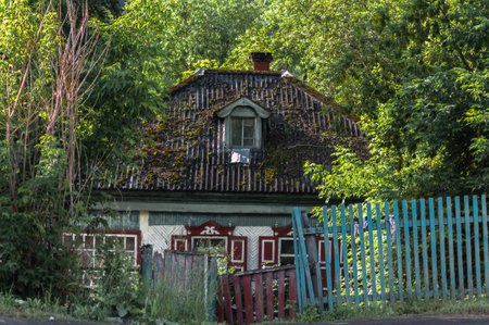 Old house in the village on the background of the green forest.の写真素材