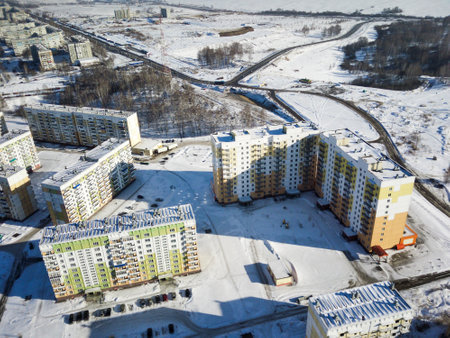 Aerial view of new multi-storey residential building in winterの写真素材