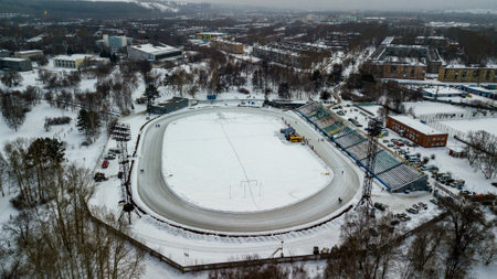 Outdoor stadium in winter from a bird's-eye view.の写真素材