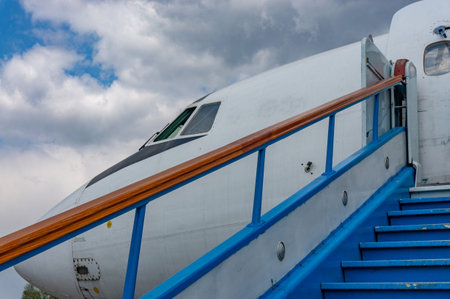 Passenger ship on the blue sky background. Passenger ship close upの写真素材