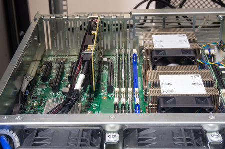 Electronic circuit board in a data center, closeup of photo