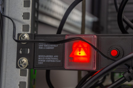 Close-up of a warning light in a network server room.