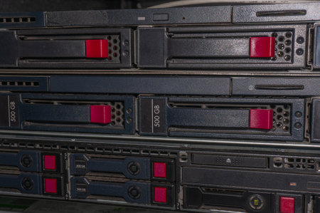 Close up of hard drives in large SAN storage.の写真素材