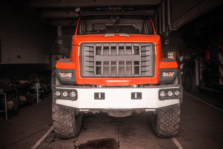 Truck in the garage of the fire department.