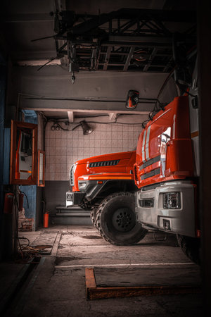 Fire fighting vehicle in a fire station. selective focus. toned.