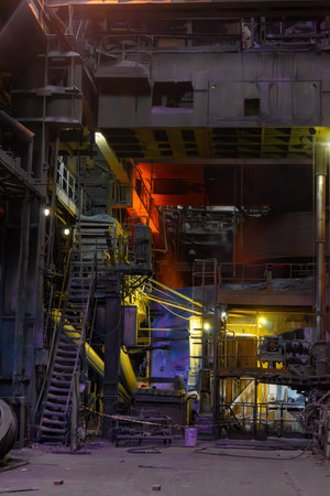 Industrial interior of a metallurgical plant at night. Selective focus