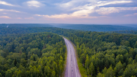 Aerial view of a road through the forest at sunsetの写真素材
