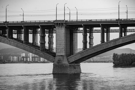 Bridge over the river in Krasnoyrsk, Russia. Black and white photoの写真素材