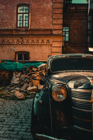 Old car in the old town. Retro styleの写真素材