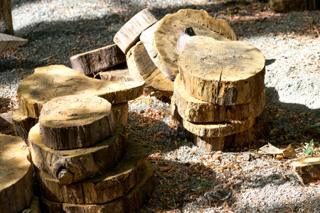 natural background with wooden dice and pieces of tree trunks