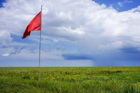 The steppe is covered with bright green grass with a flagpole and red flag against the blue sky and...