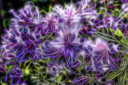 Magic fractal floral background with pink rhododendrons and green leaves.の写真素材