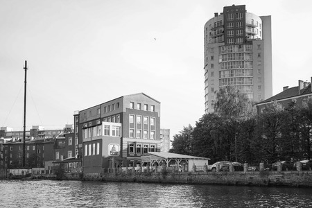 Kaliningrad, Russia - may 11, 2016: Modern buildings on the banks of the river Pregolya in black-and-white image.のeditorial素材