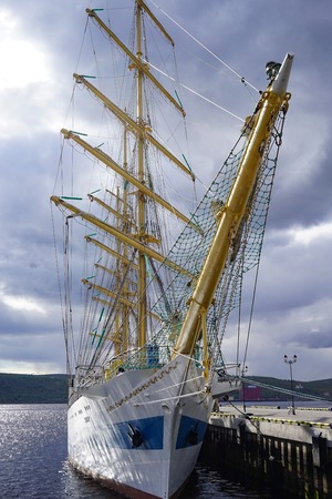Murmansk, Russia-June 5, 2015: Sea port in the Arctic town with moored old sailing ship.のeditorial素材