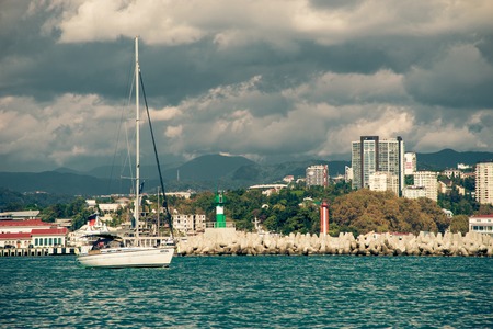 Sochi, Russia-October 10, 2016: Urban landscape with sea view and modern multi-storey buildings.のeditorial素材