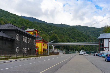 Sochi, Russia-September 24, 2017: The road to Krasnaya Polyana under the blue sky and clouds.のeditorial素材